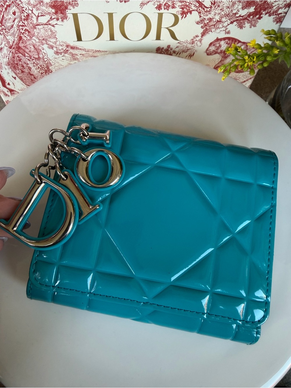 DIOR Patent Quilted Trifold Wallet with Charm in Turquoise